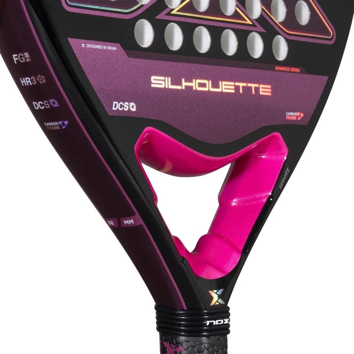 Close-up of the NOX X-One Silhouette Advance Series Padel Racket in black and pink, featuring the "Silhouette" branding—perfect for beginner and intermediate players.