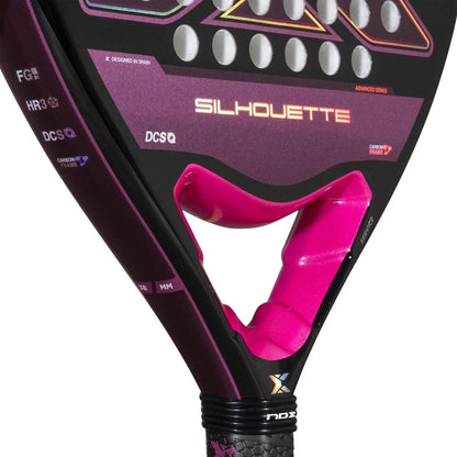 Close-up of the NOX X-One Silhouette Advance Series Padel Racket in black and pink, featuring the "Silhouette" branding—perfect for beginner and intermediate players.