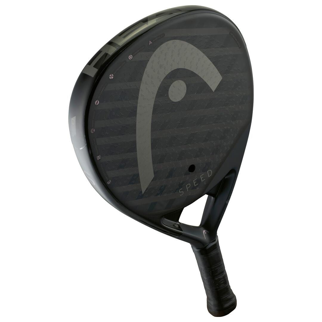The HEAD Speed One 2025 Padel Racket by HEAD showcases a large logo on its textured black face, delivering power and control with an ergonomic grip, all shown on a white background.