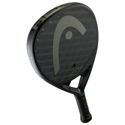 The HEAD Speed One 2025 Padel Racket by HEAD showcases a large logo on its textured black face, delivering power and control with an ergonomic grip, all shown on a white background.