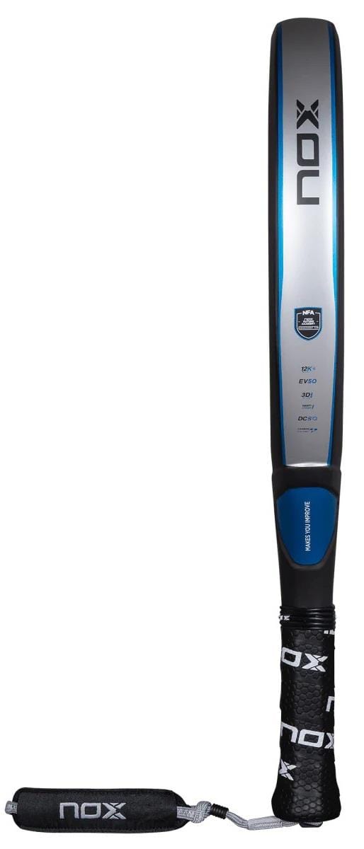 The NOX NFA Future Hybrid 12K Alum Padel Racket by NOX features a black, blue, and silver design with branded text, a padded textured handle, and black wrist strap—ideal for versatile play in every match.
