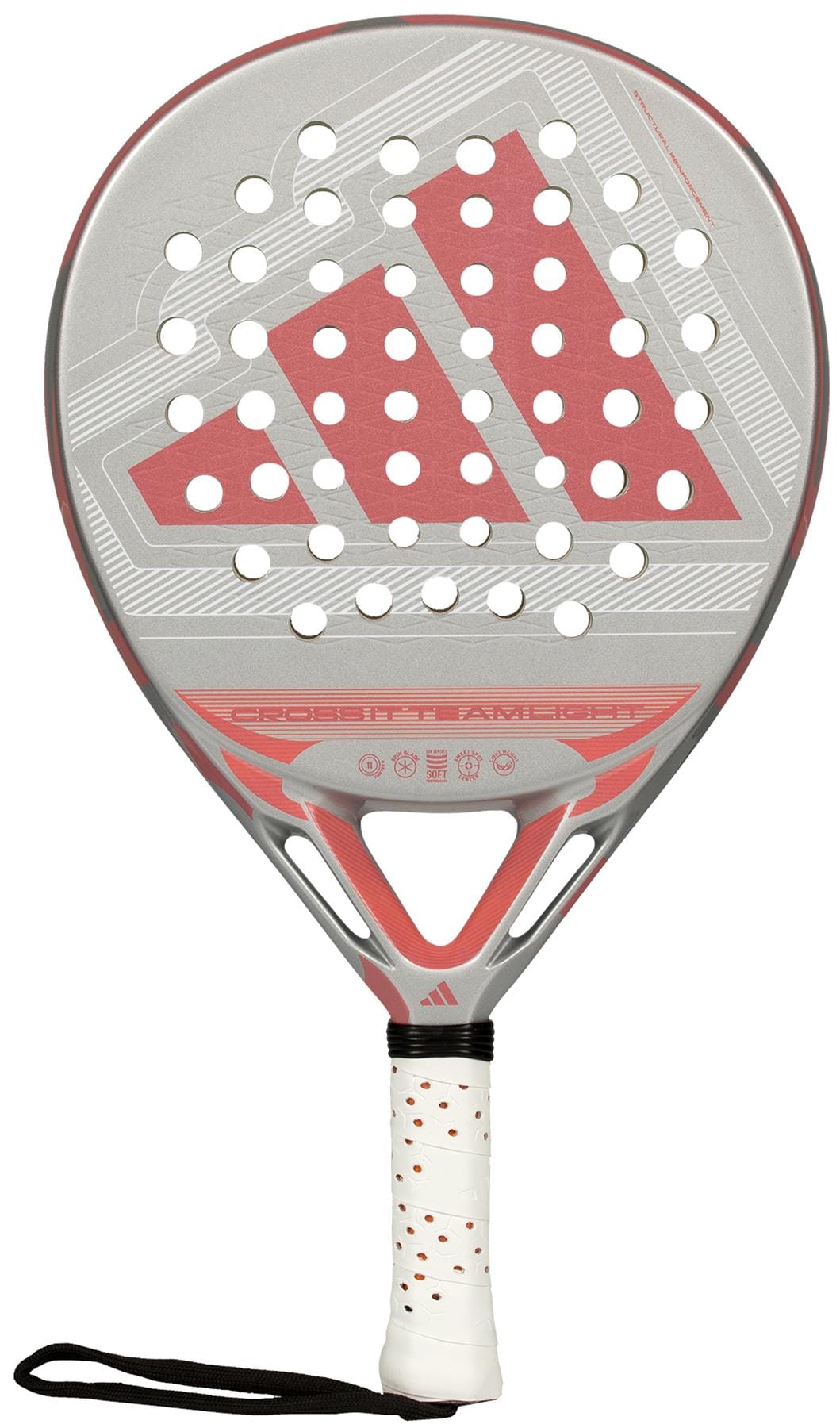 The adidas Cross It Team Light 2026 Padel Racket showcases a white and light pink geometric design with circular holes, a white handle with red dots, Extra Power Grip, black wrist strap, and delivers lightweight style and performance.