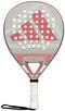The adidas Cross It Team Light 2026 Padel Racket showcases a white and light pink geometric design with circular holes, a white handle with red dots, Extra Power Grip, black wrist strap, and delivers lightweight style and performance.