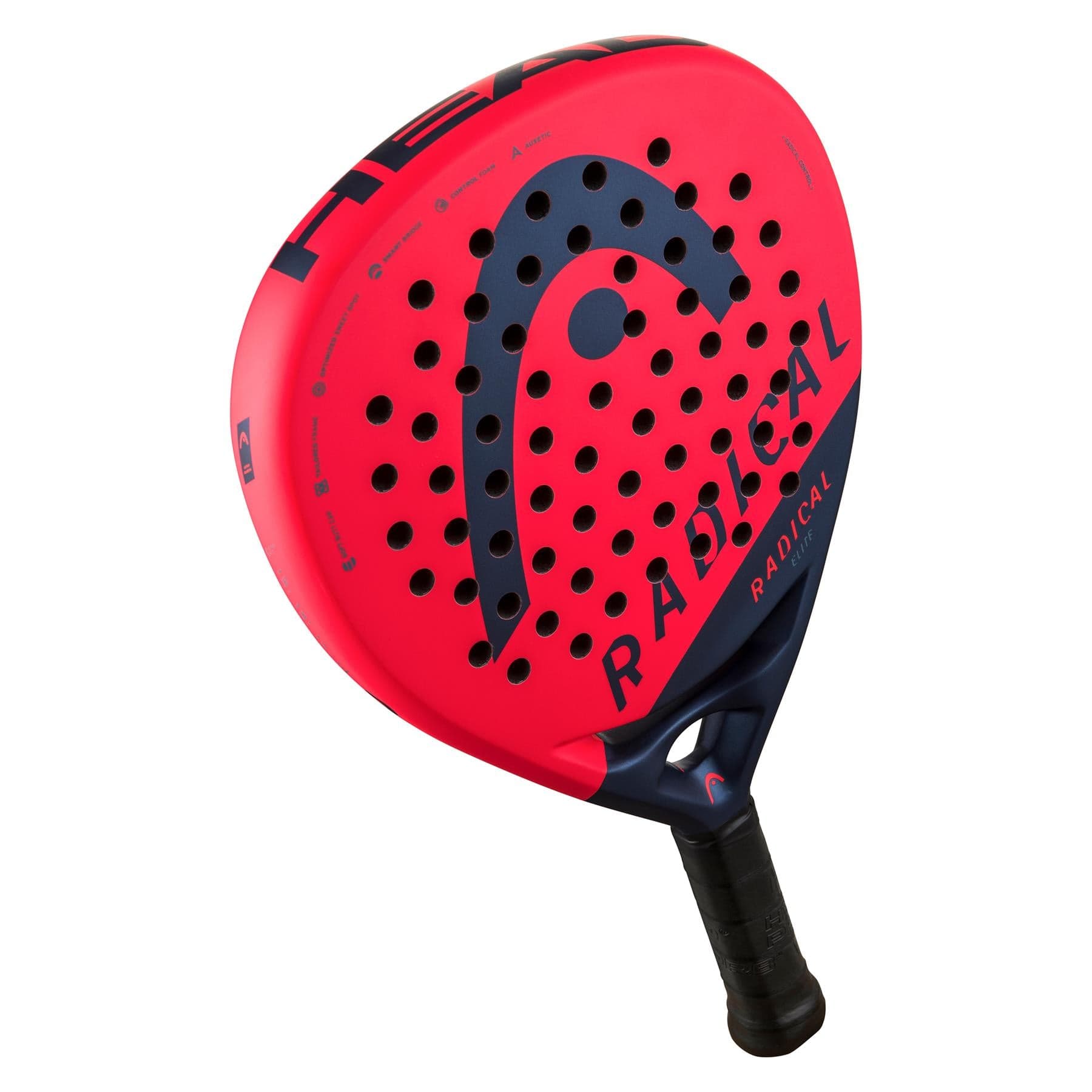 The HEAD Radical Elite 2024 Padel Racket features a bright red and navy teardrop design, "RADICAL" branding, Auxetic tech for performance, a perforated face, and a black grip handle.