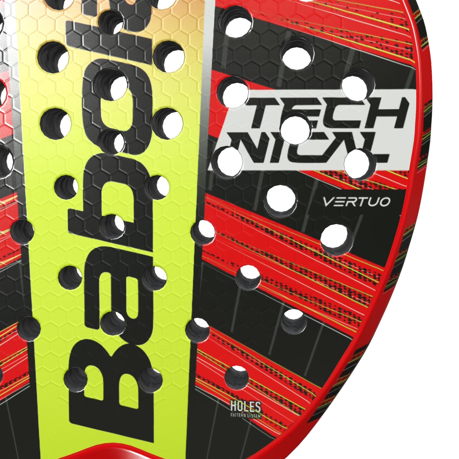 Close-up of the Babolat Technical Vertuo Padel Racket by Babolat, featuring a striking black, yellow, and red design with "TECHNICAL," "VERTUO," and "HOLES PATTERN SYSTEM" visible—engineered for power and precision.
