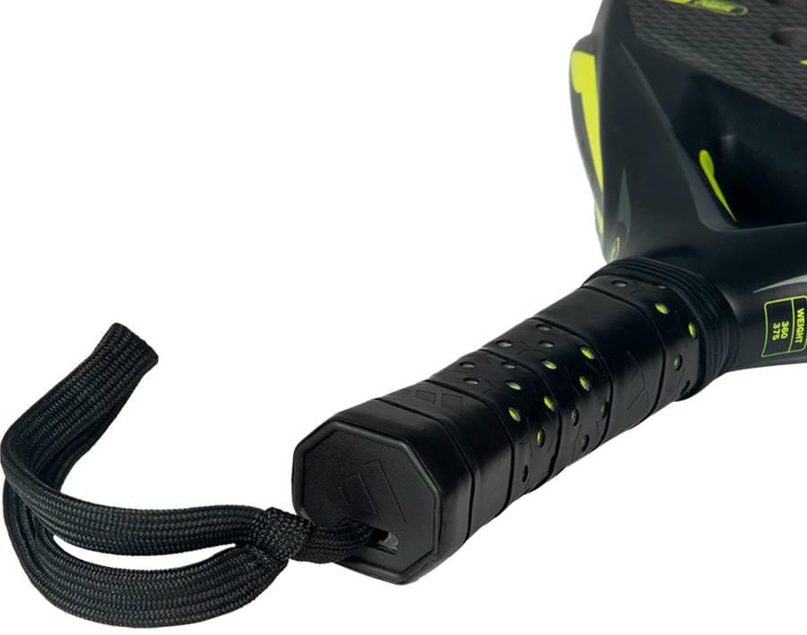 Close-up of the adidas Arrow Hit 2026 Padel Racket handle, featuring a textured grip, neon green accents, black wrist strap, and an intelligent balance system for powerful padel play.