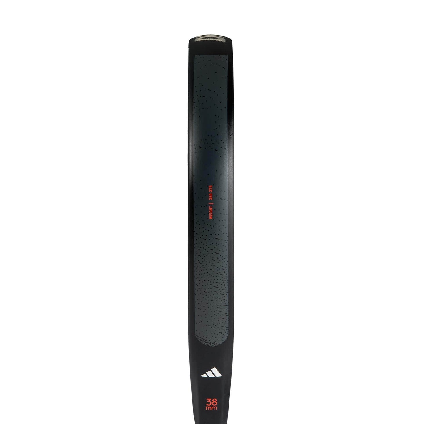 A close-up of a black handle with textured grip, "38 mm" measurement, adidas logo, and "sweet spot" in red—perfect for fans of the adidas Drive Black 3.4 Padel Racket.