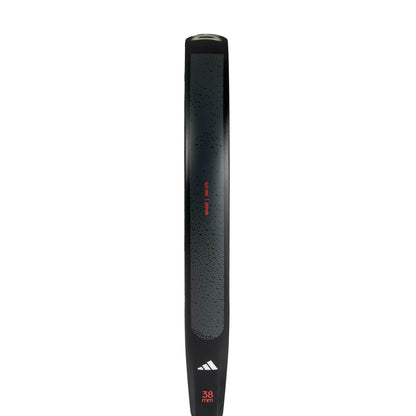 A close-up of a black handle with textured grip, "38 mm" measurement, adidas logo, and "sweet spot" in red—perfect for fans of the adidas Drive Black 3.4 Padel Racket.