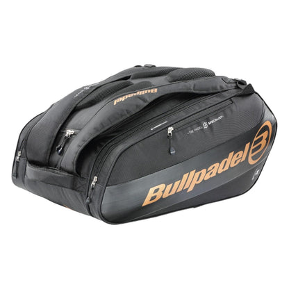 The Bullpadel Vertex 25 Padel Racket Bag in black features orange branding, multiple zippered compartments, a ventilated section, and padded shoulder straps for comfort, ideal for your Vertex Padel Racket.