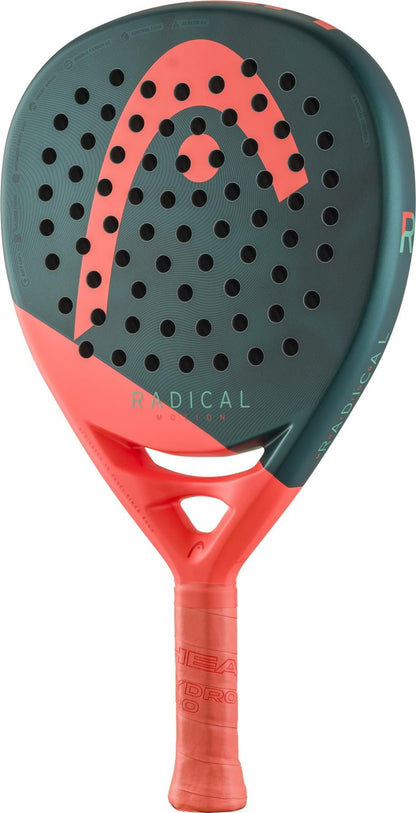 A close-up of the HEAD Radical Motion 2026 Padel Racket by HEAD, a lightweight green and coral racket with circular holes on the paddle face and a textured coral handle.