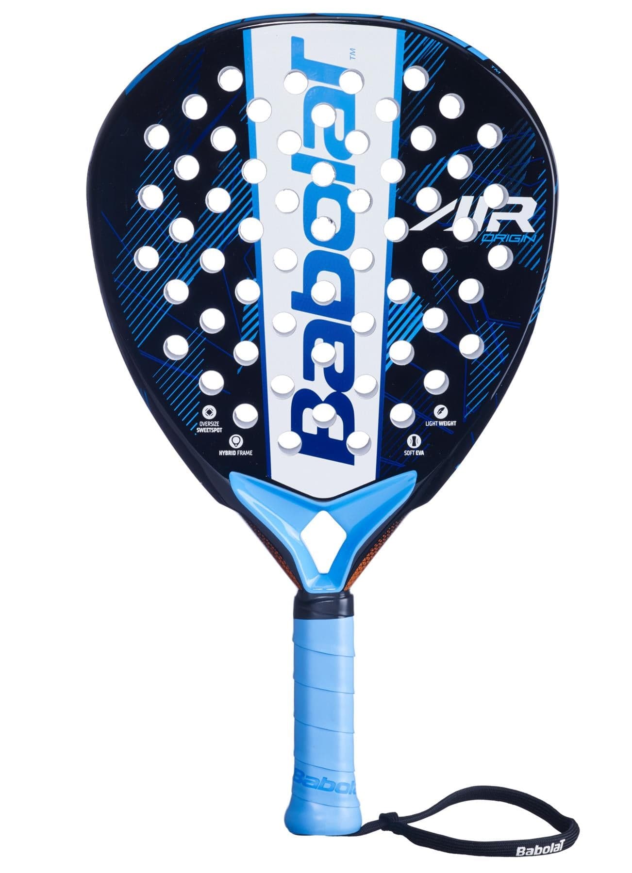 The Babolat Air Origin Padel Racket by Babolat features a blue and black design, light blue grip, wrist strap, multiple face holes, and a prominent white Babolat logo—ideal for beginner padel players.