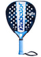 The Babolat Air Origin Padel Racket by Babolat features a blue and black design, light blue grip, wrist strap, multiple face holes, and a prominent white Babolat logo—ideal for beginner padel players.