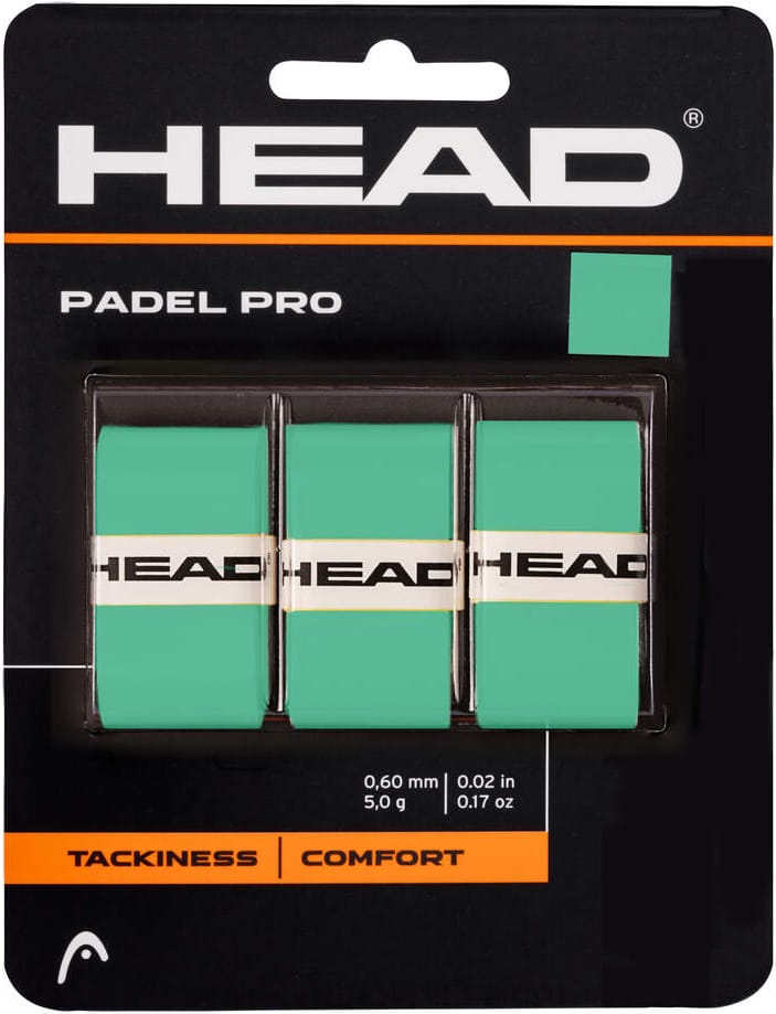 Three mint HEAD Padel Pro Overgrips (3 Pack) are packaged in a black and orange blister with the HEAD logo, labeled for tackiness and comfort, providing a reliable grip.