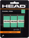 Three mint HEAD Padel Pro Overgrips (3 Pack) are packaged in a black and orange blister with the HEAD logo, labeled for tackiness and comfort, providing a reliable grip.
