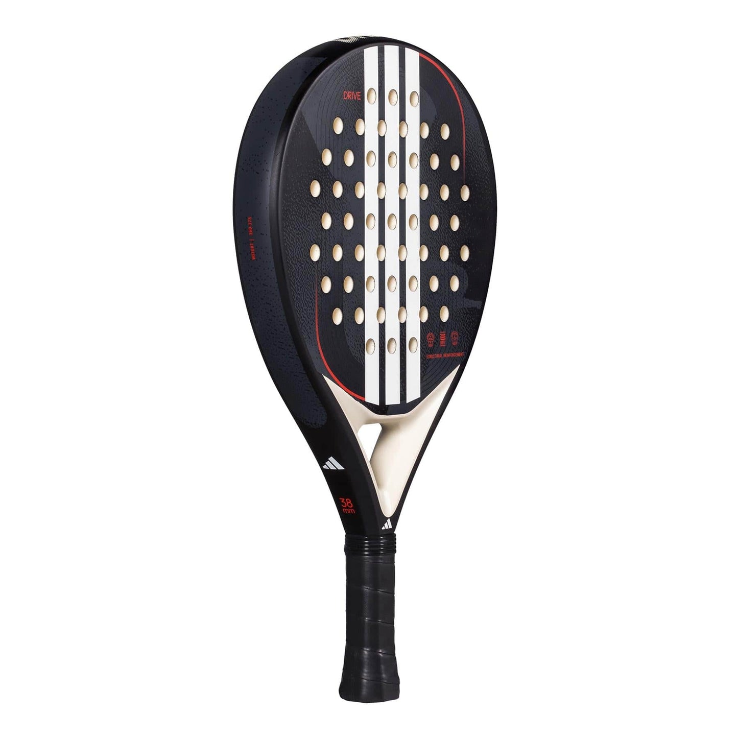 The adidas ADIDAS Drive Black 3.4 Padel Racket features a perforated black fibreglass face with white vertical stripes, red accents, and a black handle—ideal for beginners.
