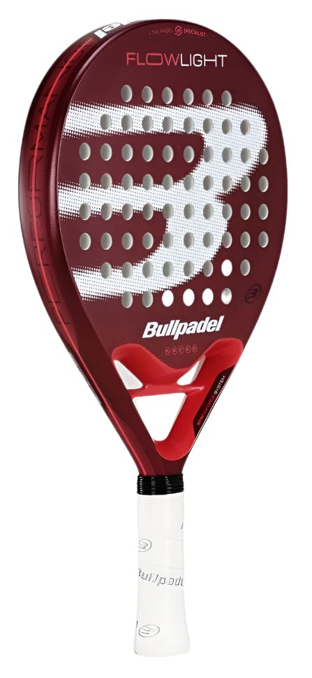 The Bullpadel Flow Light 2025 Padel Racket from Bullpadel features a lightweight design in red and white, a perforated face with a large "B" logo, and a white-wrapped handle.