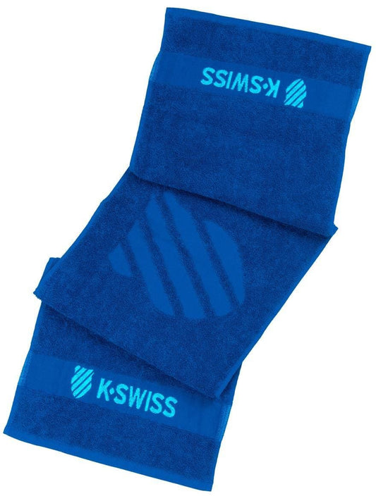 Three Brunner Blue K-Swiss 60 Year Anniversary Towels are stacked diagonally, each showcasing the K-Swiss logo and text in light blue. Made from 100% cotton, they're perfect tennis collectibles for fans and players.