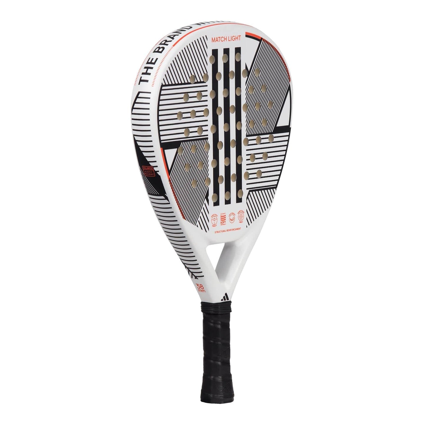 The adidas Match Light 3.3 Padel Racket is a lightweight beginner racket featuring a white frame with black and red geometric designs, multiple round holes on the surface, and a black grip.