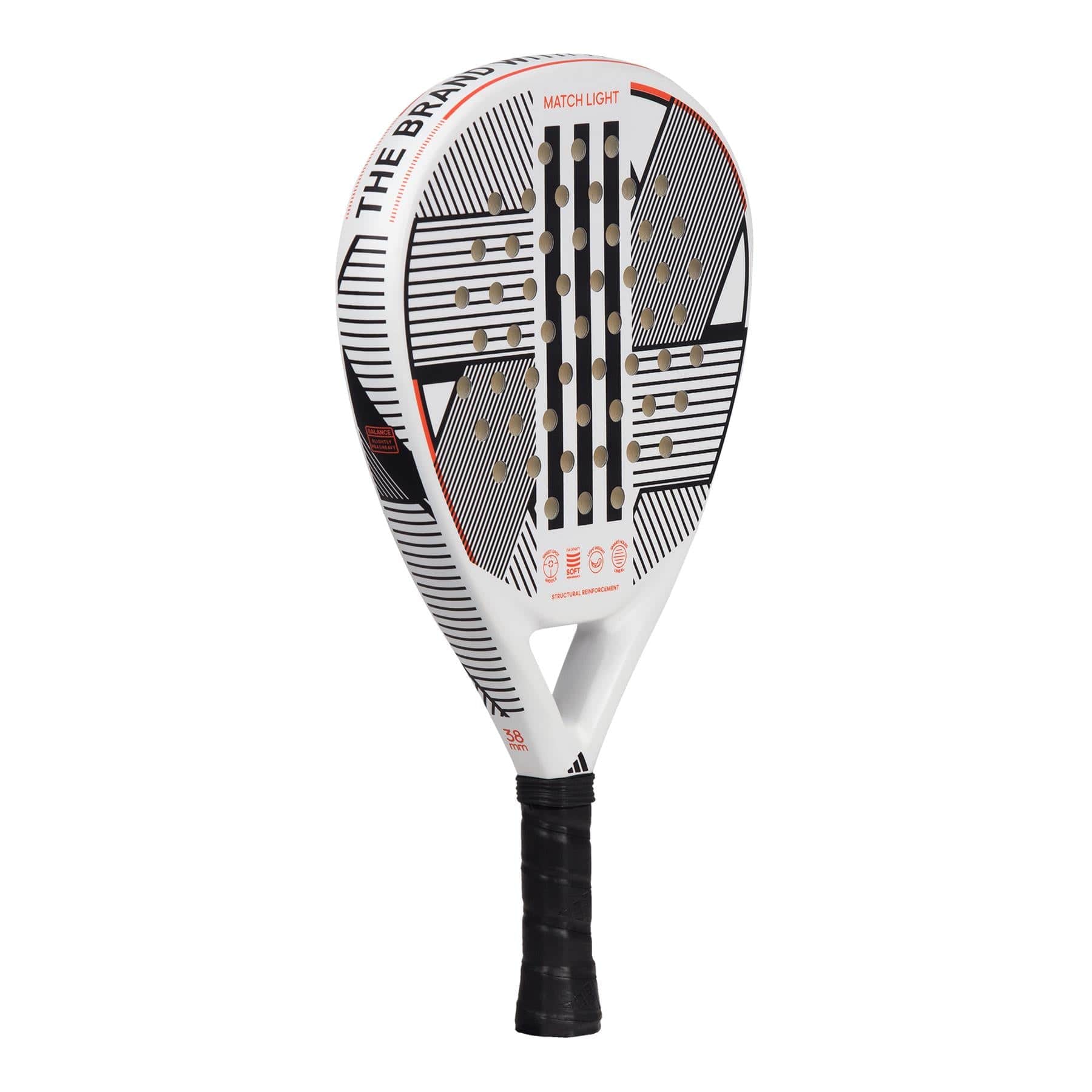 The adidas Match Light 3.3 Padel Racket is a lightweight beginner racket featuring a white frame with black and red geometric designs, multiple round holes on the surface, and a black grip.
