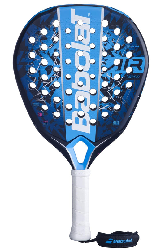 The Babolat Air Vertuo 2.5 Padel Racket features a blue and black design with white branding, a white grip, and a wrist strap. Lightweight, it has multiple circular holes on its face for enhanced performance.
