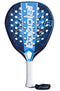 The Babolat Air Vertuo 2.5 Padel Racket features a blue and black design with white branding, a white grip, and a wrist strap. Lightweight, it has multiple circular holes on its face for enhanced performance.