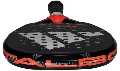 Close-up of the adidas Metalbone Superlight 2026 padel racket, showing its lightweight black and red design, perforated surface, bold "SUPERLIG" edge text, and white-silver graphics.