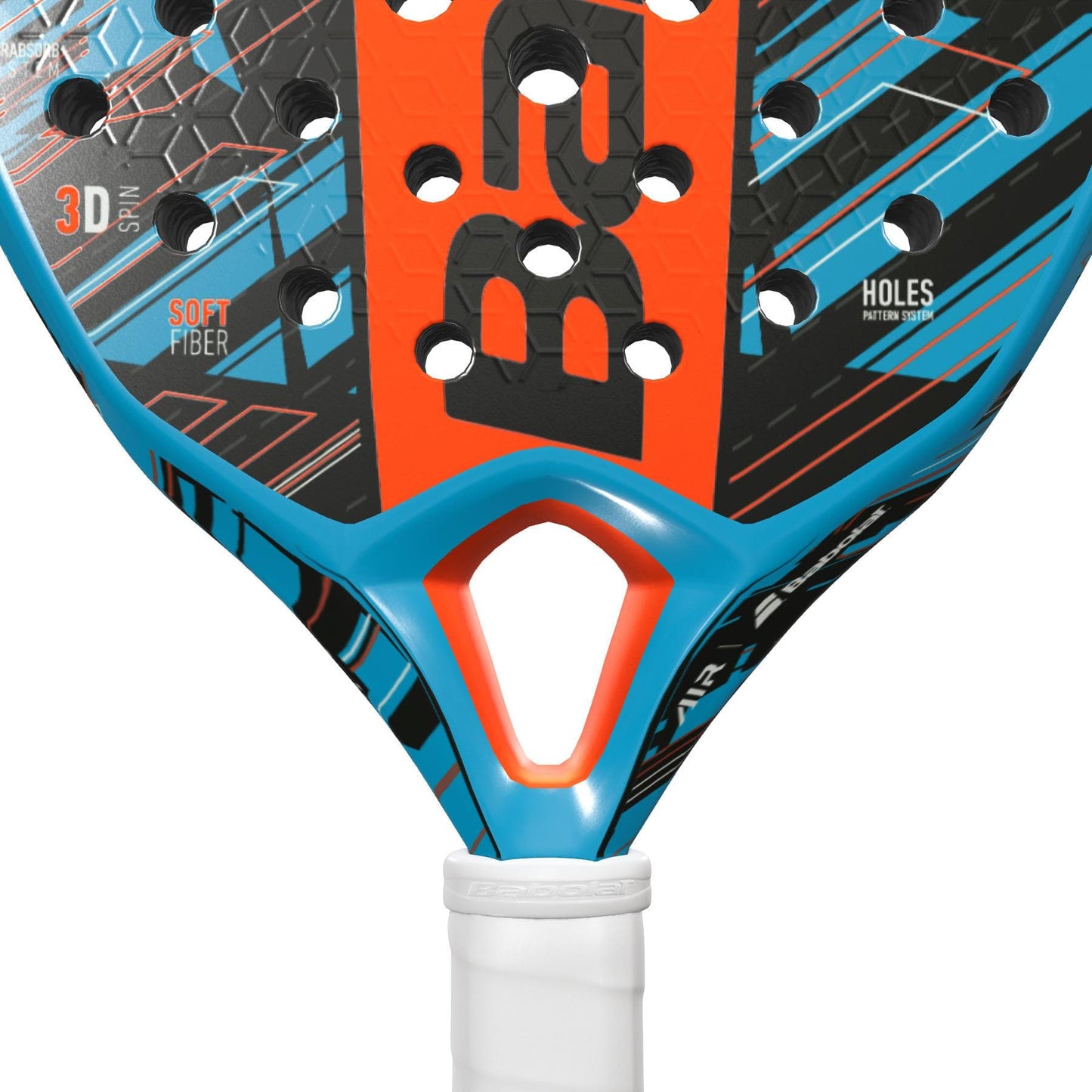 Close-up of the Babolat Air Vertuo Padel Racket in black, orange, and blue geometric patterns, showing round holes and "3D Spin" and "Soft Fiber" features on its lightweight surface. Brand: Babolat.