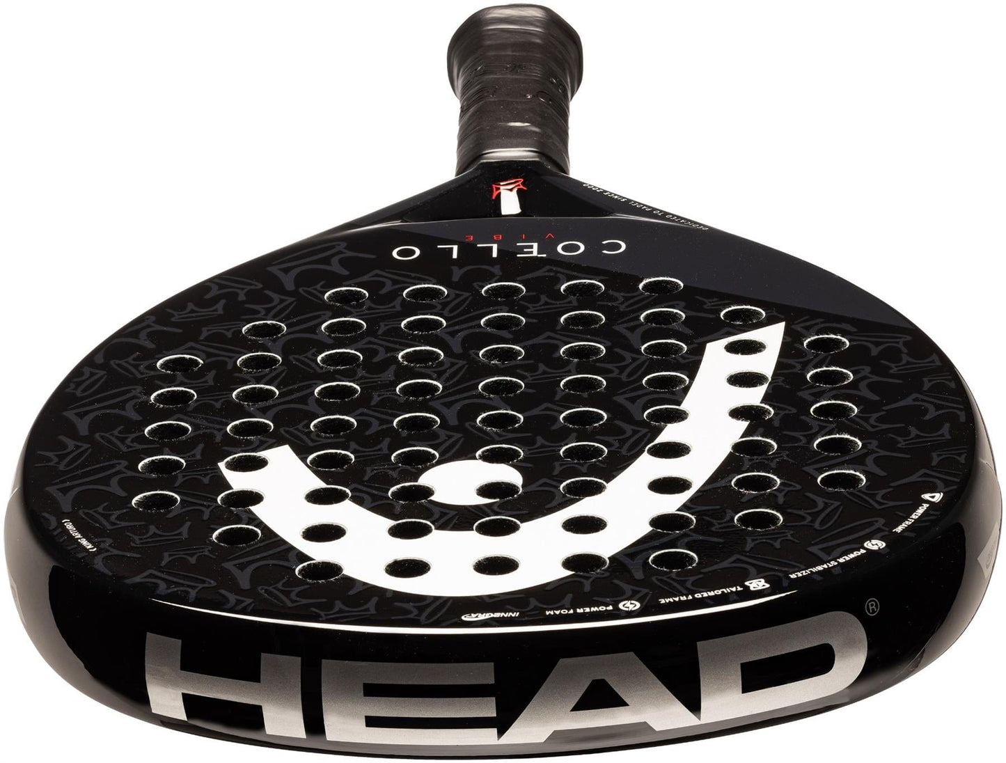The HEAD Coello Vibe 2025 Padel Racket is black with a large white logo, round shape, and multiple circular holes. It features a black grip and "COELLO" near the top—perfect for beginners.
