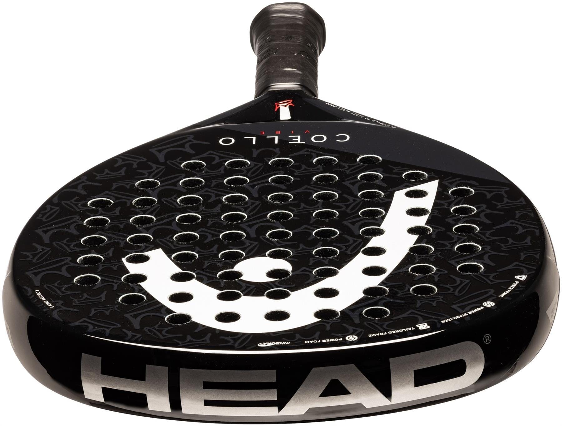 The HEAD Coello Vibe 2025 Padel Racket is black with a large white logo, round shape, and multiple circular holes. It features a black grip and "COELLO" near the top—perfect for beginners.