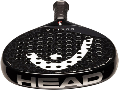 The HEAD Coello Vibe 2025 Padel Racket is black with a large white logo, round shape, and multiple circular holes. It features a black grip and "COELLO" near the top—perfect for beginners.
