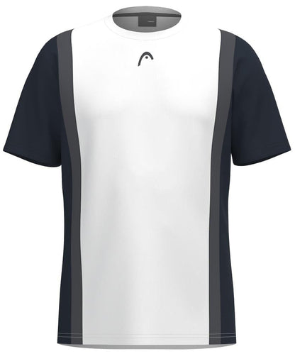 The HEAD Club Tech 25 Men's Padel T-Shirt is a navy and white short-sleeve athletic shirt featuring a central white panel with dark side panels. It incorporates Moisture Transfer Microfiber for comfort and displays a small curved HEAD logo near the neckline.