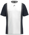 The HEAD Club Tech 25 Men's Padel T-Shirt is a navy and white short-sleeve athletic shirt featuring a central white panel with dark side panels. It incorporates Moisture Transfer Microfiber for comfort and displays a small curved HEAD logo near the neckline.