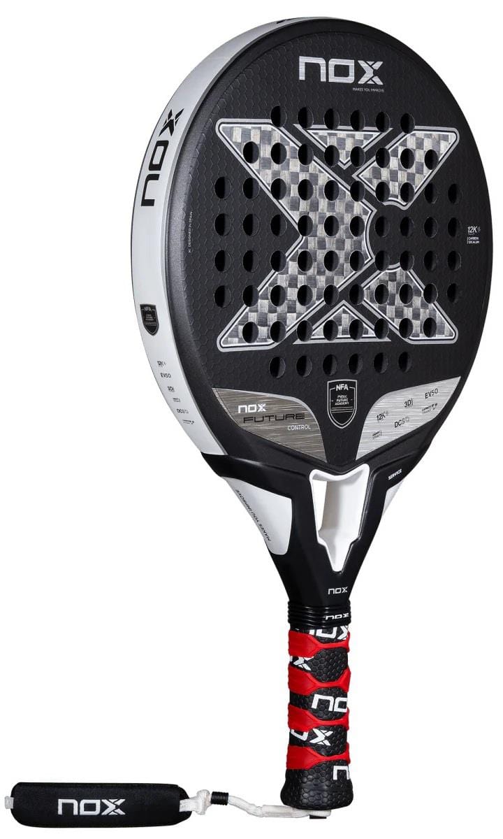 The NOX NFA Future Control 12K Alum Padel Racket features a black and white design with a large "X" on the face, Carbon 12K construction, round holes, and a red-and-black grip with wrist strap.