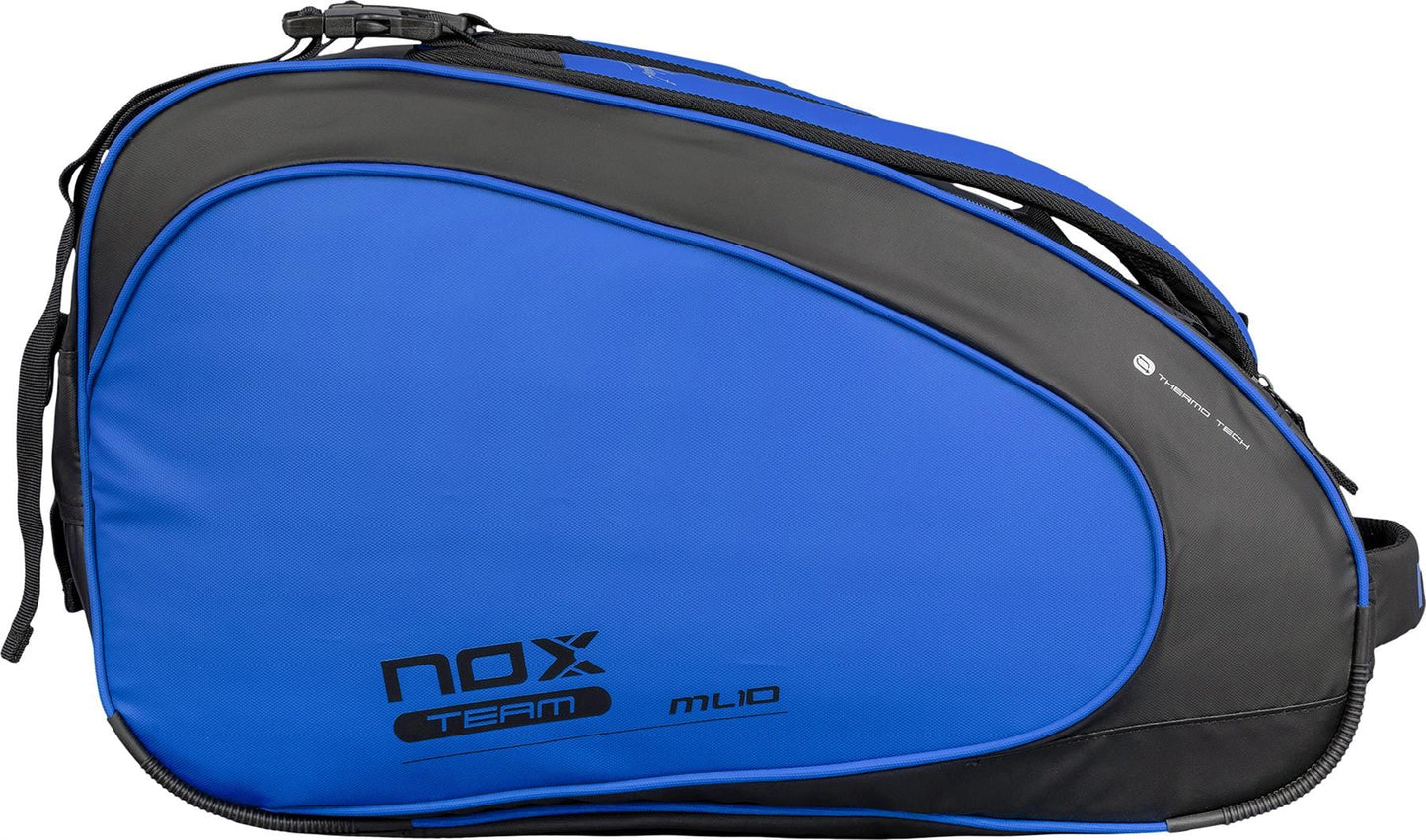 The NOX ML10 Team Padel Racket Bag in black and blue, featuring a curved design, zipper compartments, and top handle, is perfect for carrying your rackets and sports equipment.