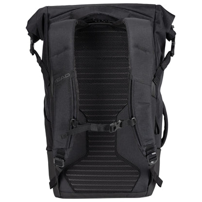 The HEAD Pro X Raqpack Padel Backpack - Black is designed with a racket compartment and features padded shoulder straps, a chest strap, and a mesh back panel for ventilation. It also includes a roll-top opening and side compression straps to keep your gear secure and organized.