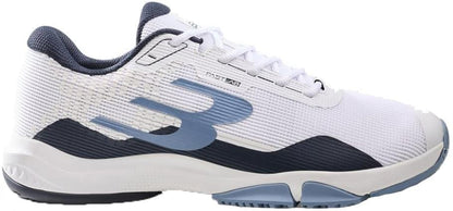 The Bullpadel Hybrid Fly 26V Men's Padel Shoes in white feature navy and light blue accents, a large blue "B" logo, mesh upper, and hybrid outsole—ideal for sports or training as part of the Bullpadel collection.
