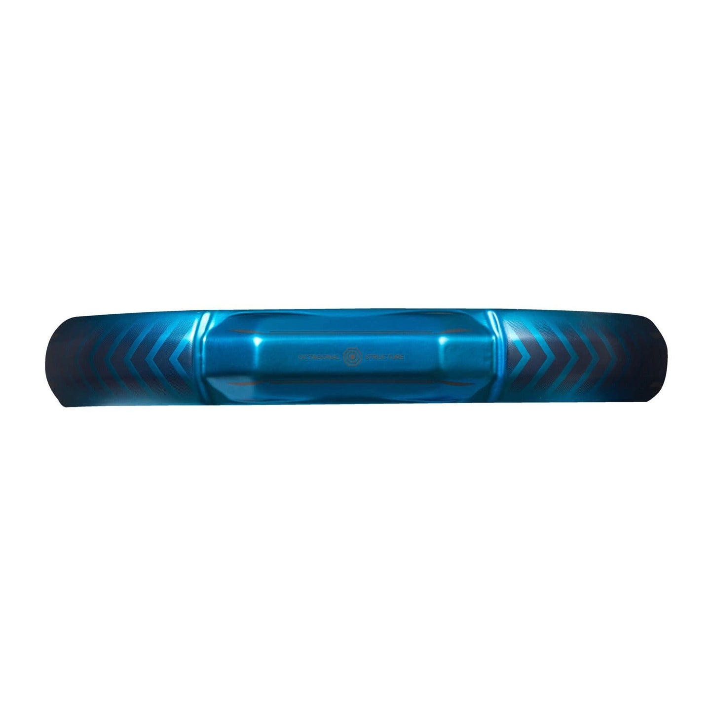 A metallic blue car bumper protector with chevron patterns on both ends, seen from above on a white background—perfect for advanced players seeking adidas precision with the ADIDAS Metalbone CTRL 3.3 padel racket.