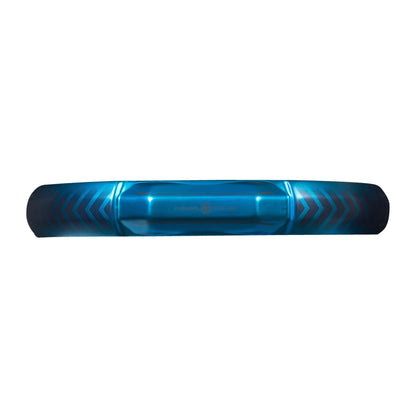 A metallic blue car bumper protector with chevron patterns on both ends, seen from above on a white background—perfect for advanced players seeking adidas precision with the ADIDAS Metalbone CTRL 3.3 padel racket.
