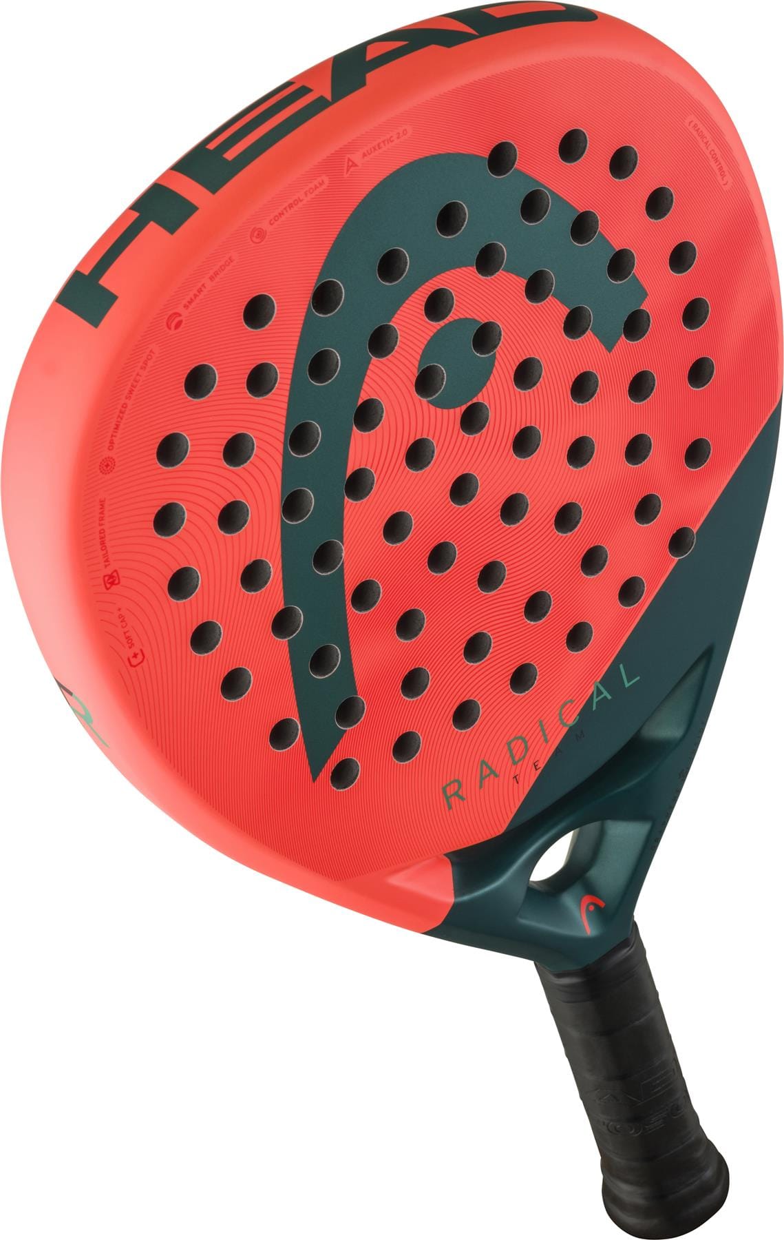 The HEAD Radical Team 2026 Padel Racket by HEAD features a striking red and black design, "RADICAL" branding on its perforated face, and a comfortable black grip, ideal for intermediate to advanced players.