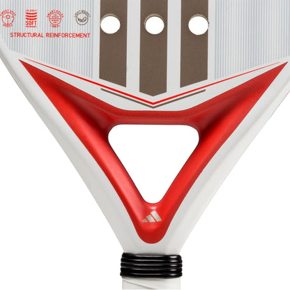 Close-up of the adidas Match Light 3.4 Padel Racket for beginners, featuring a white and red design with three holes, gray stripes, and the adidas logo near the handle. "Structural reinforcement" appears at the top left.