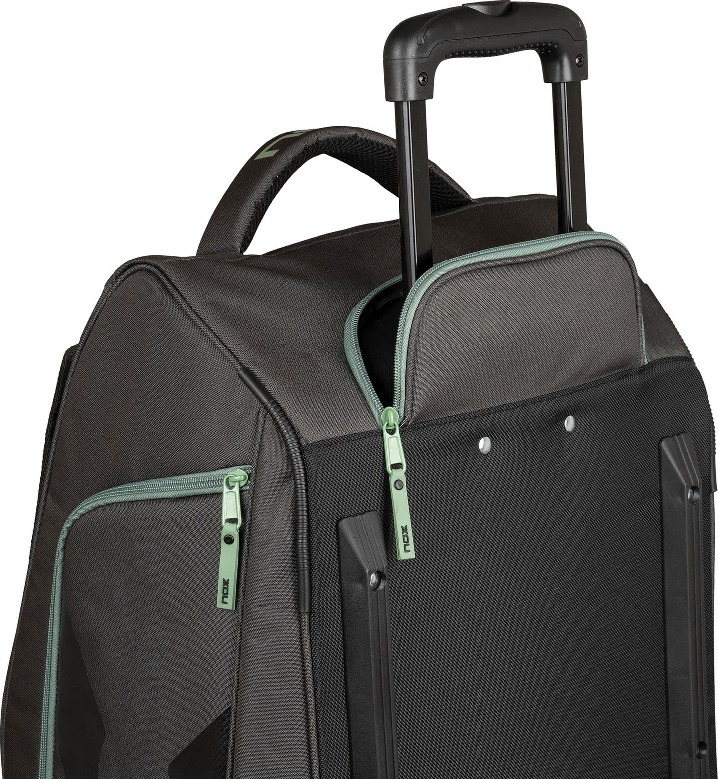 The NOX AT10 Competition Trolley Padel Racket Bag by NOX in black/green features wheels, green zippers, an extended telescopic handle, a fabric top handle, multiple zippered compartments, and reinforced corners.