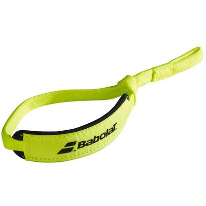 The Babolat Padel Wrist Strap in yellow features the brand's logo and name printed in black. This removable strap comes with an adjustable loop for a secure fit around your wrist, making it a perfect accessory for Babolat racket users or those using a Smart Buttcap.