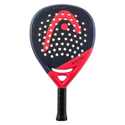 The HEAD Radical Motion 2024 Padel Racket by HEAD features a dark blue face, red accents, large red logo, white perforations, "Radical" in red, and black wrapped handle—engineered for lightweight control and power with Auxetic technology.