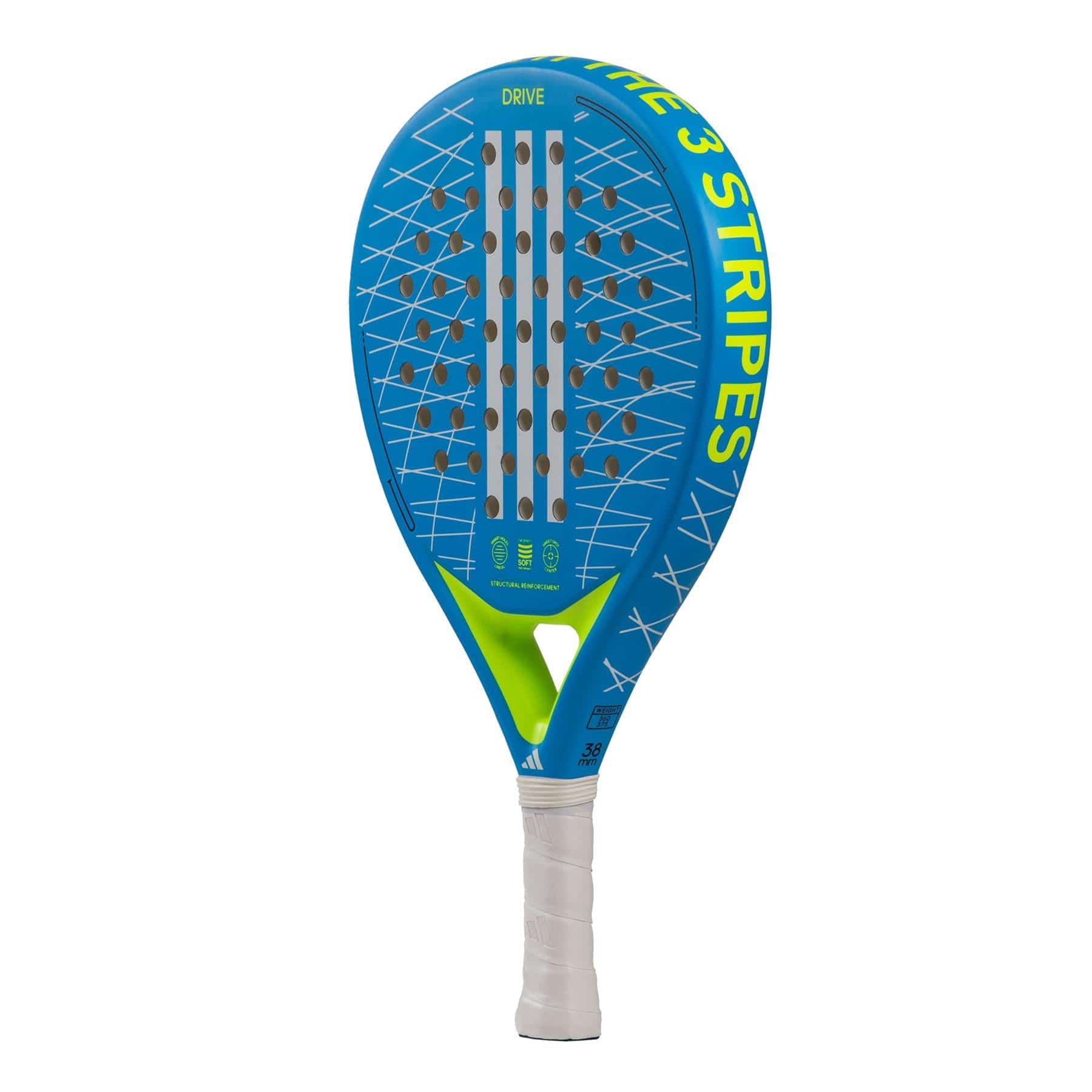 The adidas Drive 3.3 Blue Padel Racket features white and yellow accents, a white grip, center circular holes, and “THE 3 STRIPES” on the edge—making it an ideal beginner control padel racket.