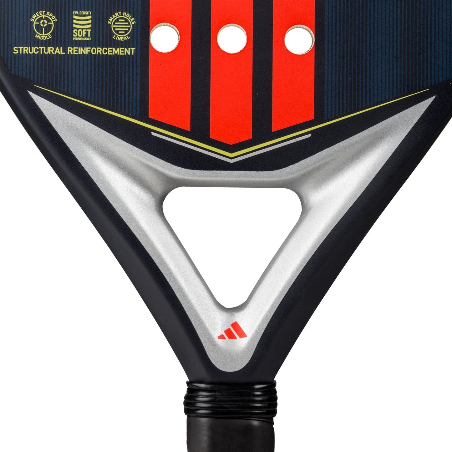 Close-up of the adidas Match Blue 3.4 Padel Racket featuring three Smart Holes Lineal, metallic silver accents near the handle, and yellow "STRUCTURAL REINFORCEMENT" text. Its hybrid AllRound head shape appears by the adidas logo.