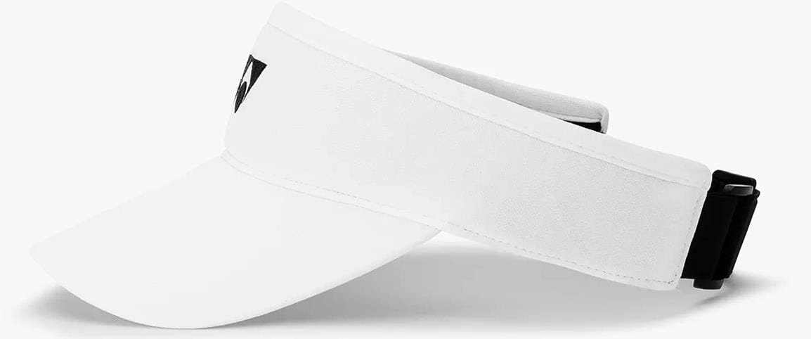 The Yonex 40126EX Padel Visor in white features a curved brim, adjustable black strap, lightweight breathable fabric, and a small black Yonex logo on the front left. Shown against a plain white background.