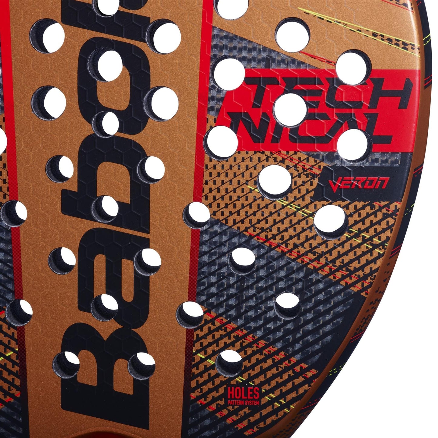 Close-up of the Babolat Technical Veron Padel Racket face by Babolat, showing its carbon flex honeycomb pattern, "TECHNICAL VERON" text, multiple holes, and a black, red, and gold color scheme for power and precision.