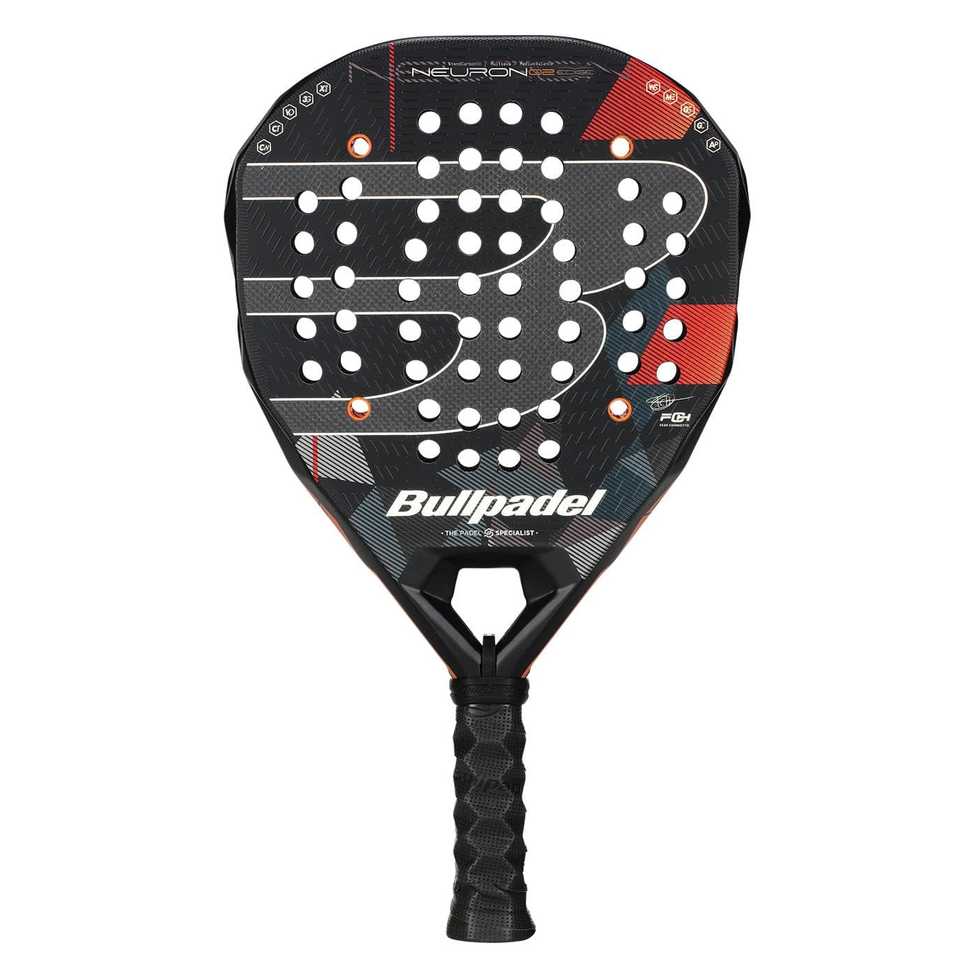 The Bullpadel Neuron 02 Edge 2026 Padel Racket features a black and red design with a textured surface, large "B" logo, white holes, ergonomic grip, PrismLock technology, and "Neuron" branding at the top.