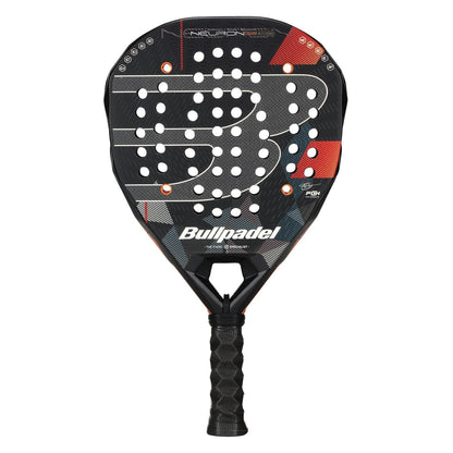 The Bullpadel Neuron 02 Edge 2026 Padel Racket features a black and red design with a textured surface, large "B" logo, white holes, ergonomic grip, PrismLock technology, and "Neuron" branding at the top.