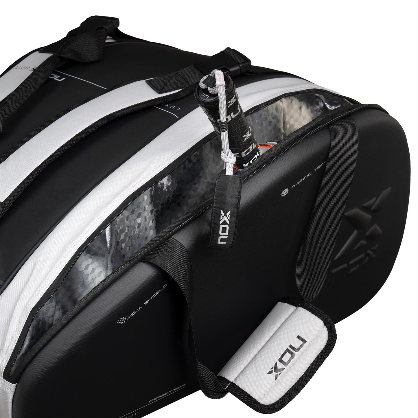 The black and white NOX Luxury Master Series Padel Racket Bag, featuring NOX branding and a textured semi-transparent side panel, is partially open to show a paddle racquet inside. It has a padded shoulder strap for comfort.